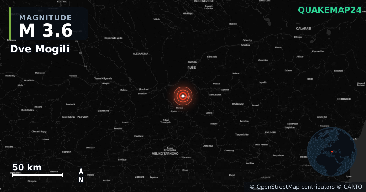 M3.6 earthquake near Dve Mogili on Aug 11, 2026 — map of epicenter and shaking intensity | QuakeMap24