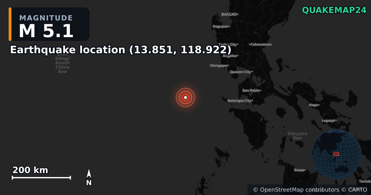 M5.1 earthquake near Erdbeben-Standort (13.851, 118.922) on Apr 6, 2026 — map of epicenter and shaking intensity | QuakeMap24