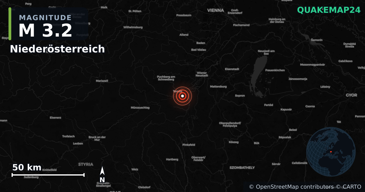 M3.2 earthquake near Niederösterreich on Oct 20, 2025 — map of epicenter and shaking intensity | QuakeMap24