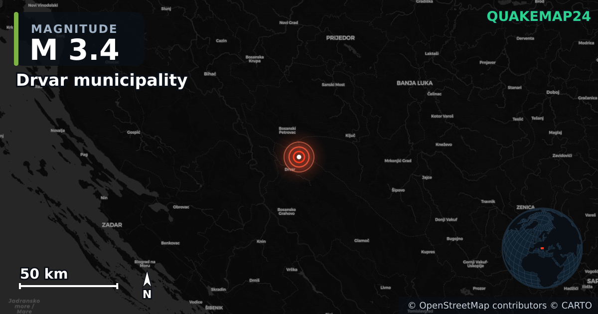 M3.4 earthquake near Drvar municipality on Jul 8, 2026 — map of epicenter and shaking intensity | QuakeMap24