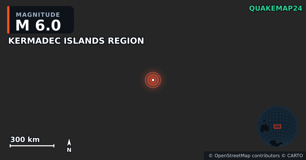 M6.0 earthquake near KERMADEC ISLANDS REGION on May 31, 2025 — map of epicenter and shaking intensity | QuakeMap24