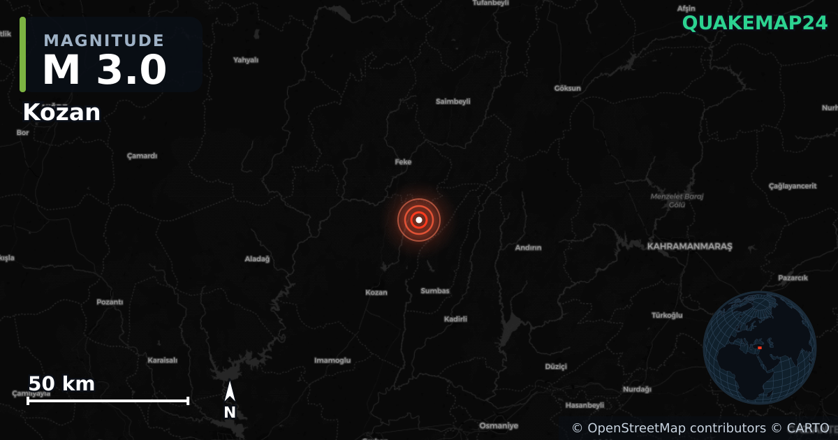 M3.0 earthquake near Kozan on Jun 13, 2025 — map of epicenter and shaking intensity | QuakeMap24