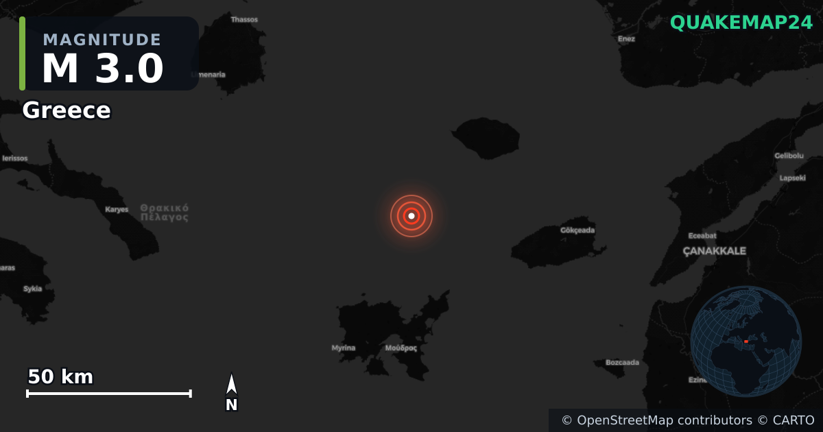 M3.0 earthquake near Greece on Jul 2, 2026 — map of epicenter and shaking intensity | QuakeMap24