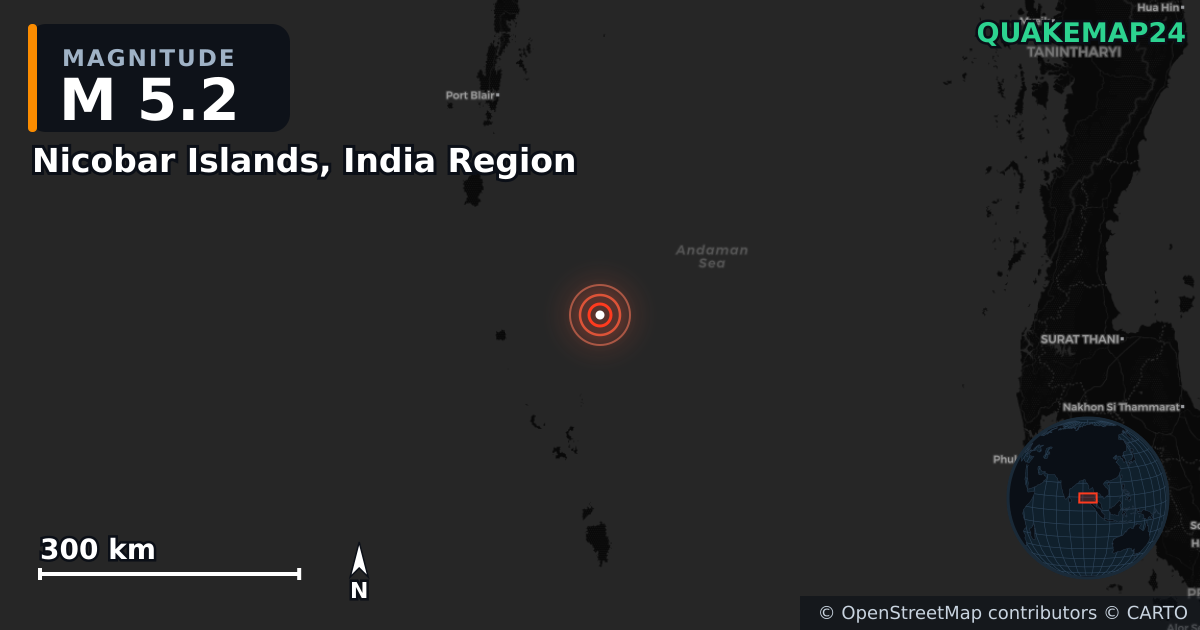 Nicobar Islands, India Region yakınında M5,2 deprem · 2025-06-30 — Deprem merkez üssünün konumunu gösteren harita