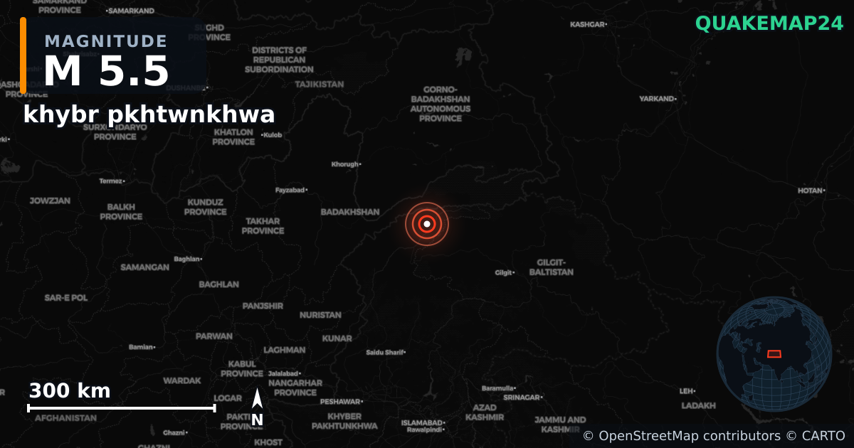 M5.5 earthquake near khybr pkhtwnkhwa on Oct 17, 2025 — map of epicenter and shaking intensity | QuakeMap24
