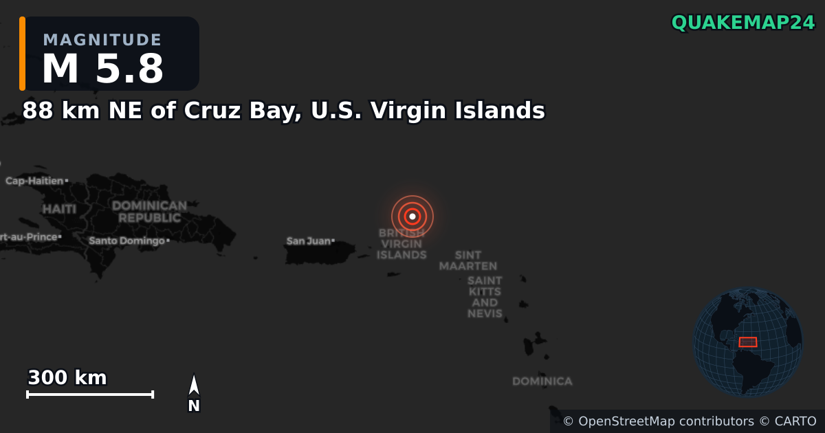 Erdbeben M5,8 bei 88 km NE of Cruz Bay, U.S. Virgin Islands · 2025-05-04 — Karte der Lage des Epizentrums