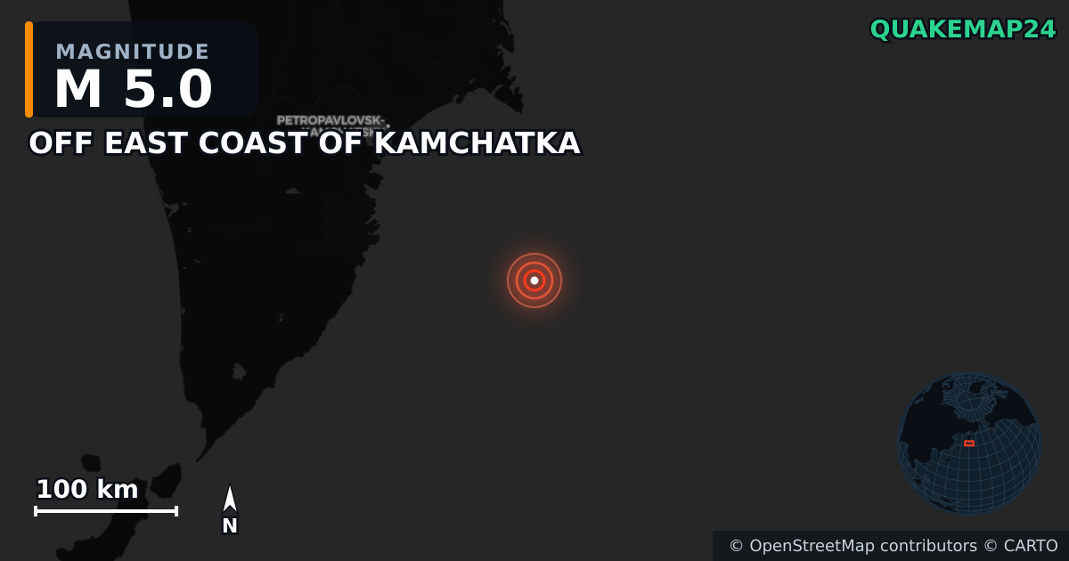 M5.0 earthquake near OFF EAST COAST OF KAMCHATKA on Jul 31, 2025 — map of epicenter and shaking intensity | QuakeMap24