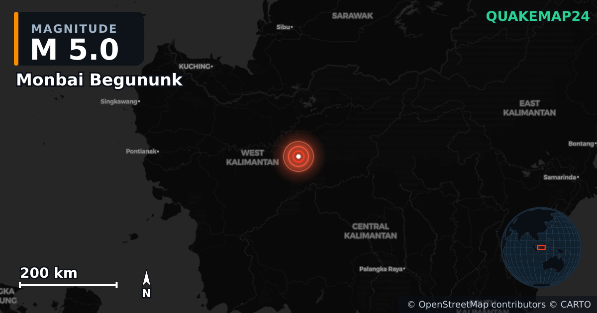 M5.0 earthquake near Monbai Begununk on Jan 23, 2026 — map of epicenter and shaking intensity | QuakeMap24