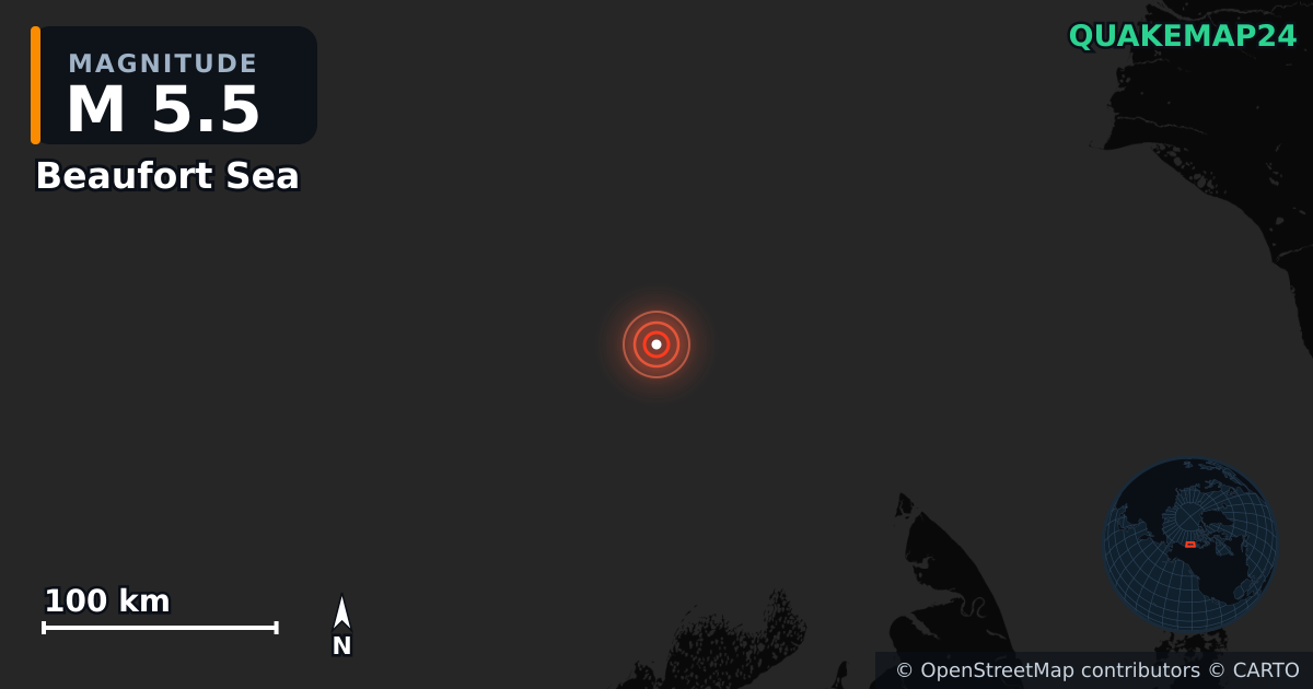 Terremoto de M5,5 cerca de Beaufort Sea — Mapa de la ubicación del epicentro