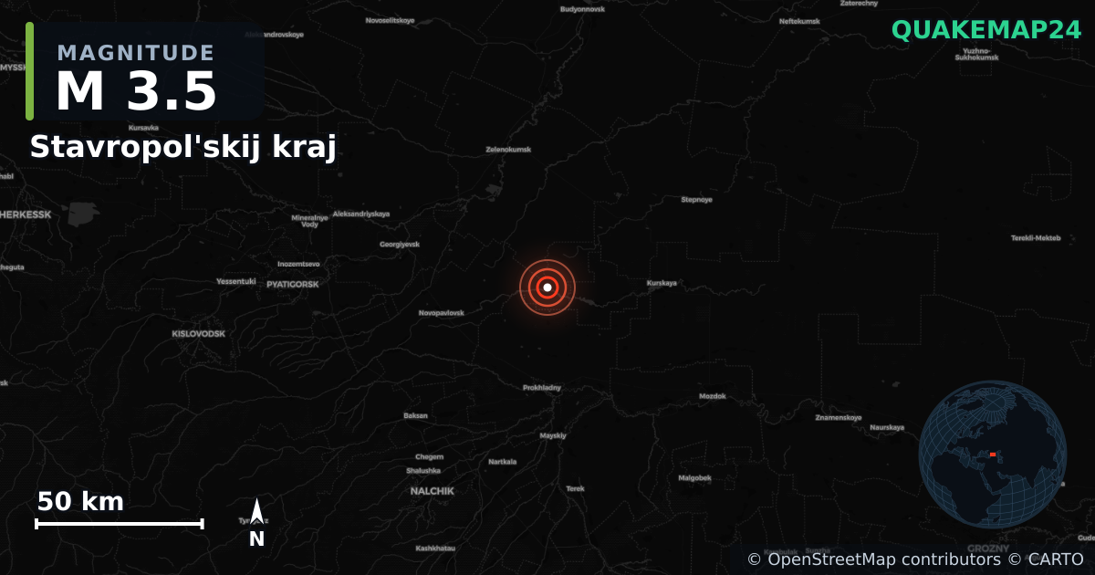 M3.5 earthquake near Stavropol'skij kraj on Jul 13, 2025 — map of epicenter and shaking intensity | QuakeMap24