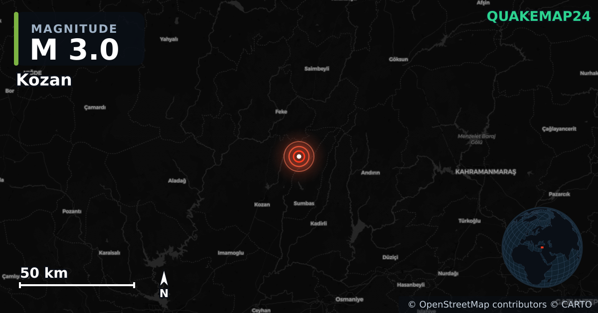 M3.0 earthquake near Kozan on May 30, 2025 — map of epicenter and shaking intensity | QuakeMap24