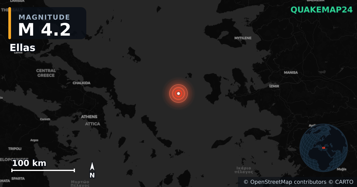M4.2 earthquake near Ellas on Jan 17, 2026 — map of epicenter and shaking intensity | QuakeMap24