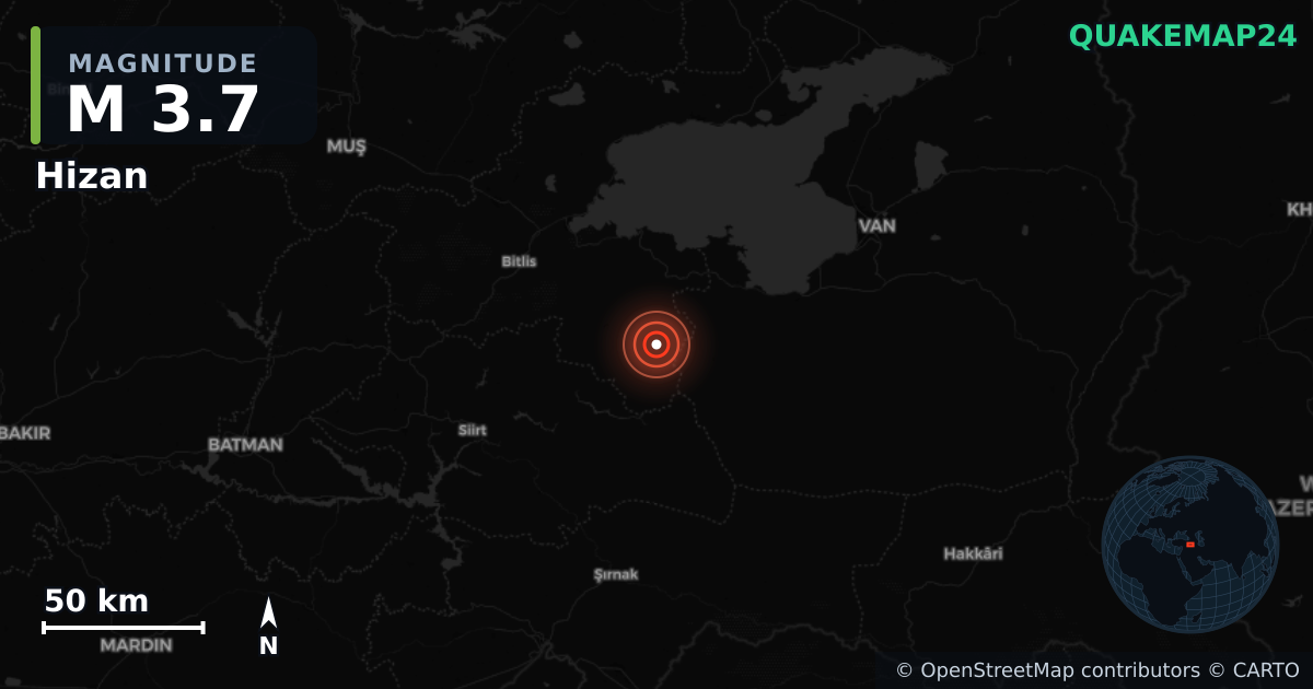 Sismo de M3,7 perto de Hizan, Bitlis (Turquia) · 2026-05-24 — Mapa da localização do epicentro