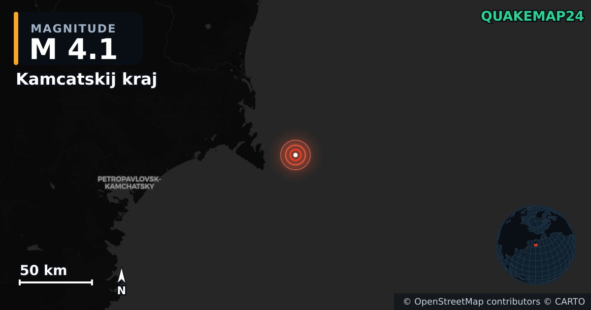 M4.1 earthquake near Kamcatskij kraj on Jul 9, 2025 — map of epicenter and shaking intensity | QuakeMap24