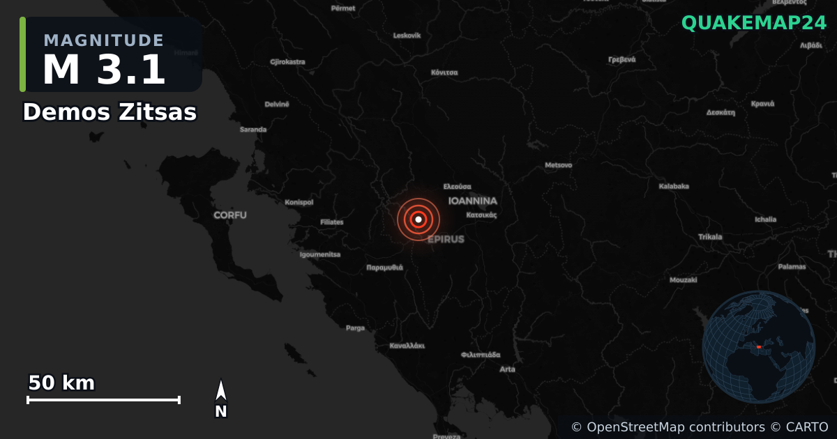 M3.1 earthquake near Demos Zitsas on Apr 17, 2026 — map of epicenter and shaking intensity | QuakeMap24