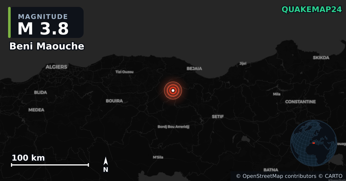 Erdbeben M3,8 bei Beni Maouche, Bejaia (Algerien) · 2026-09-09 — Karte der Lage des Epizentrums