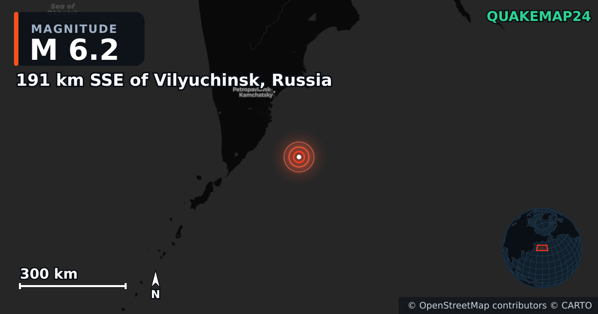 M6.2 earthquake near 191 km SSE of Vilyuchinsk, Russia on Oct 23, 2025 — map of epicenter and shaking intensity | QuakeMap24