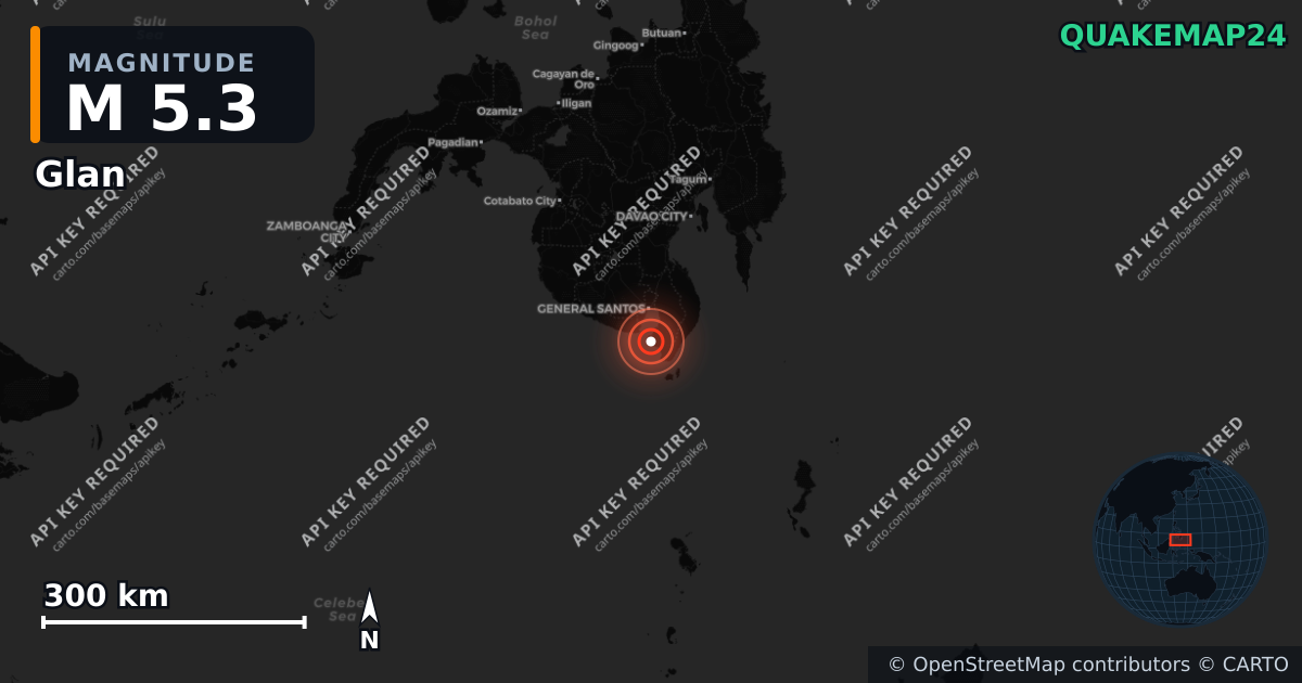 M5.3 earthquake near Glan on Jun 18, 2026 — map of epicenter and shaking intensity | QuakeMap24