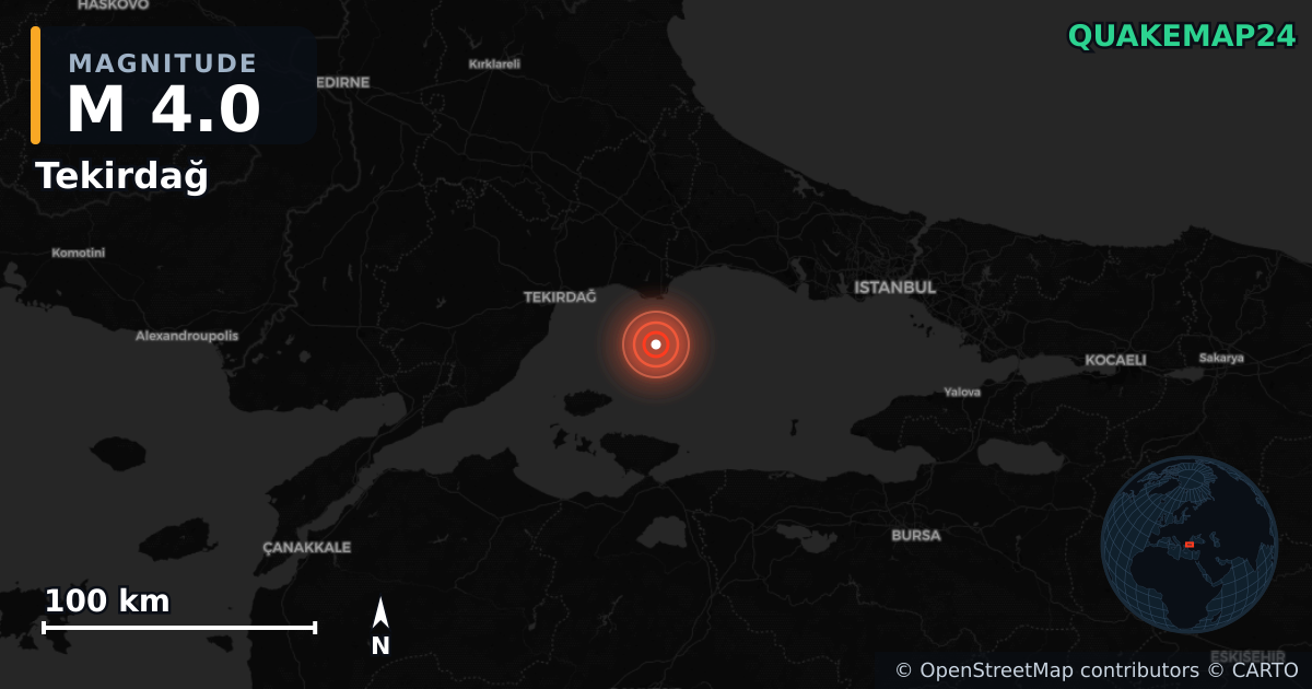 M4.0 earthquake near Tekirdağ on Oct 2, 2025 — map of epicenter and shaking intensity | QuakeMap24