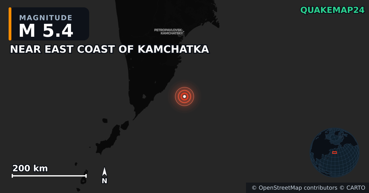 M5.4 earthquake near NEAR EAST COAST OF KAMCHATKA on Jul 30, 2025 — map of epicenter and shaking intensity | QuakeMap24