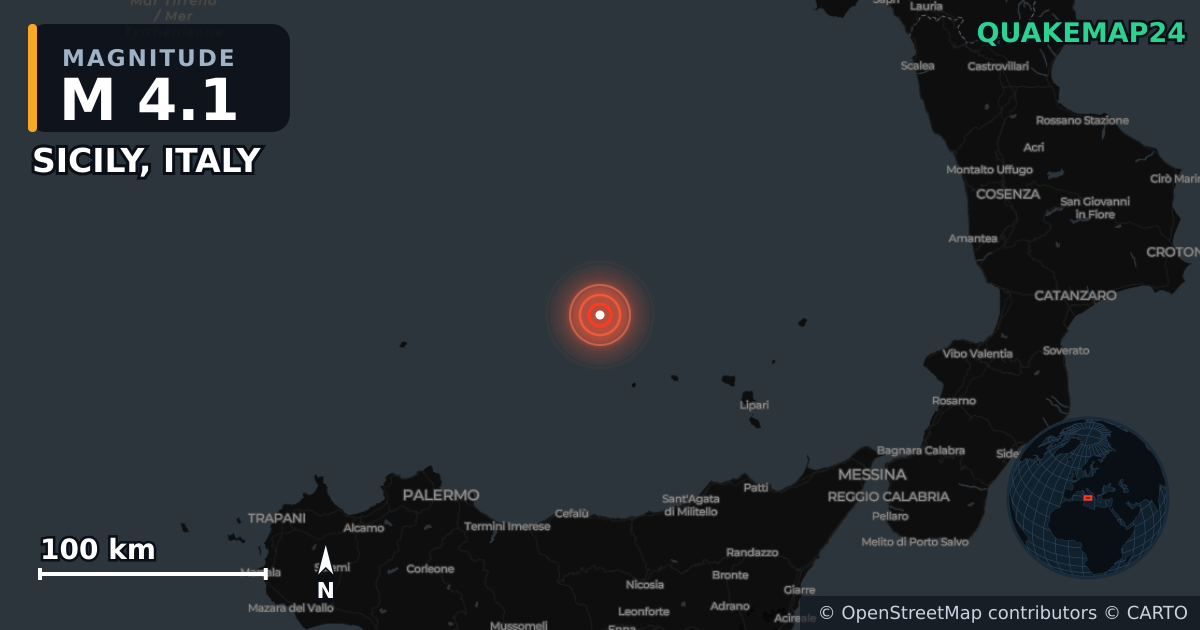 Σεισμός M4,1 κοντά στο SICILY, ITALY · 2026-10-23 — Χάρτης της θέσης του επικέντρου