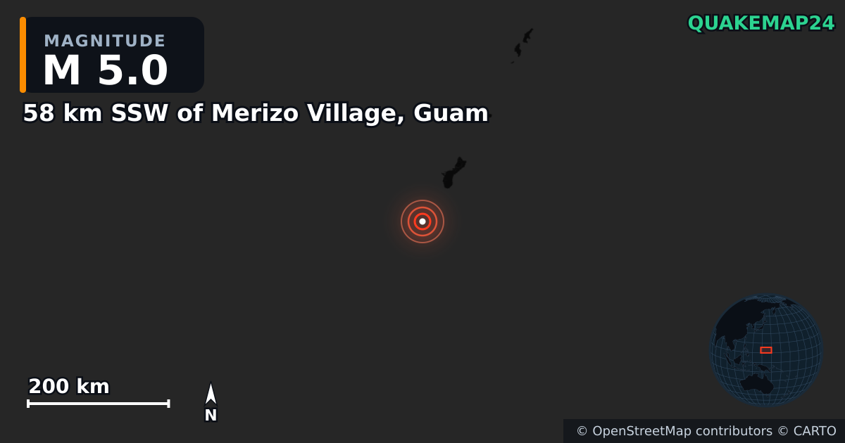 Erdbeben M5,0 bei 58 km SSW of Merizo Village, Guam — Karte der Lage des Epizentrums