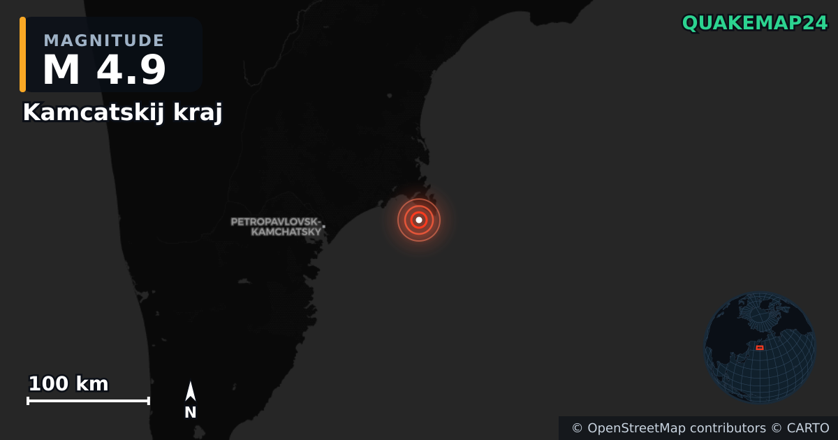 M4.9 earthquake near Kamcatskij kraj on Sep 19, 2025 — map of epicenter and shaking intensity | QuakeMap24