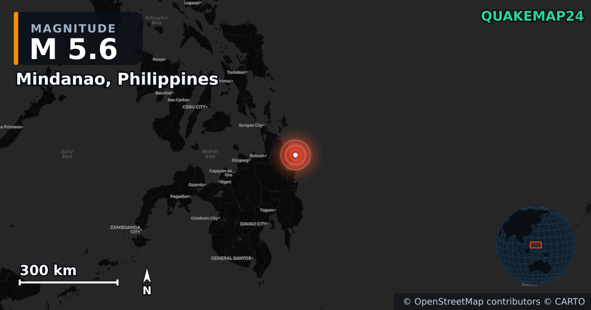 M5.6 earthquake near Mindanao, Philippines on Oct 11, 2025 — map of epicenter and shaking intensity | QuakeMap24