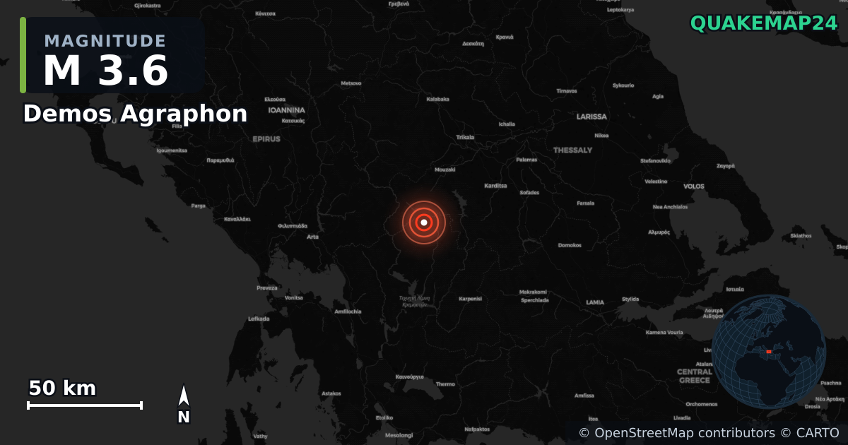 Demos Agraphon, Periphereia Stereas Elladas (Yunanistan) yakınında M3,6 deprem · 2026-03-12 — Deprem merkez üssünün konumunu gösteren harita