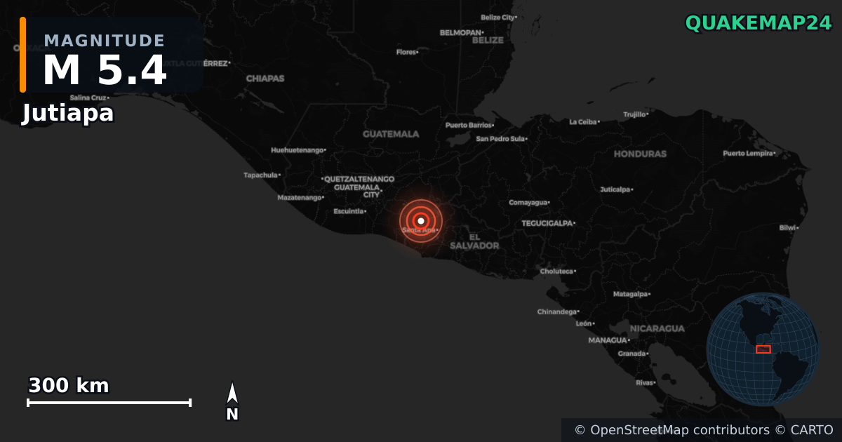 M5.4 earthquake near Jutiapa on Jul 29, 2025 — map of epicenter and shaking intensity | QuakeMap24