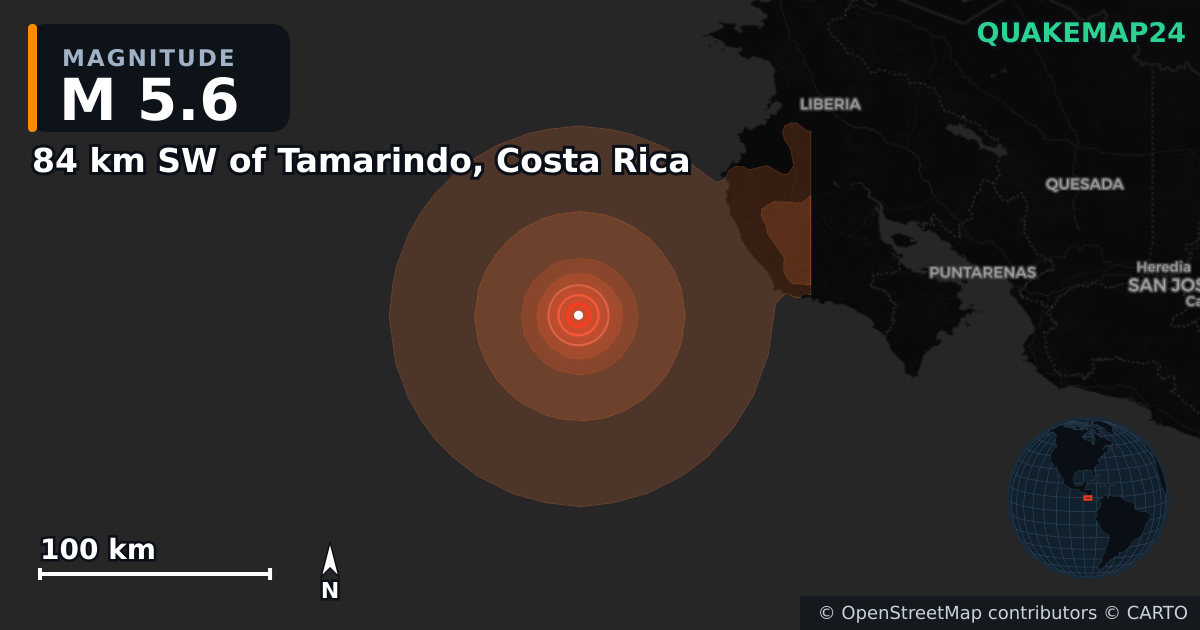 Erdbeben M5,6 bei 84 km SW of Tamarindo, Costa Rica — Karte der Lage des Epizentrums