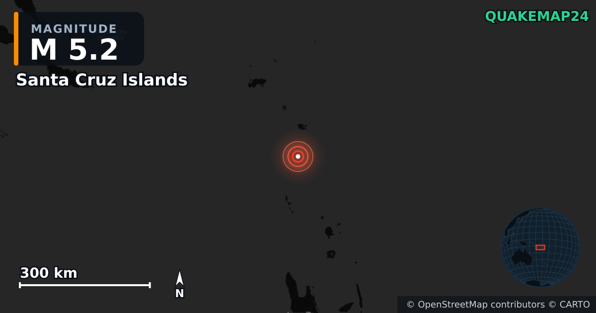 M5.2 earthquake near Santa Cruz Islands on Mar 25, 2026 — map of epicenter and shaking intensity | QuakeMap24