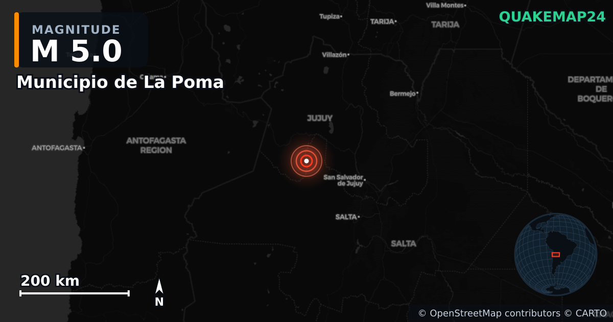 M5.0 earthquake near Municipio de La Poma on Nov 18, 2025 — map of epicenter and shaking intensity | QuakeMap24