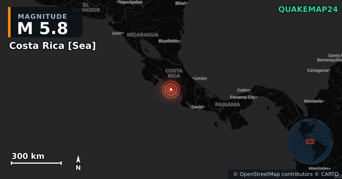 M5.8 earthquake near Costa Rica [Sea] on Oct 22, 2025 — map of epicenter and shaking intensity | QuakeMap24