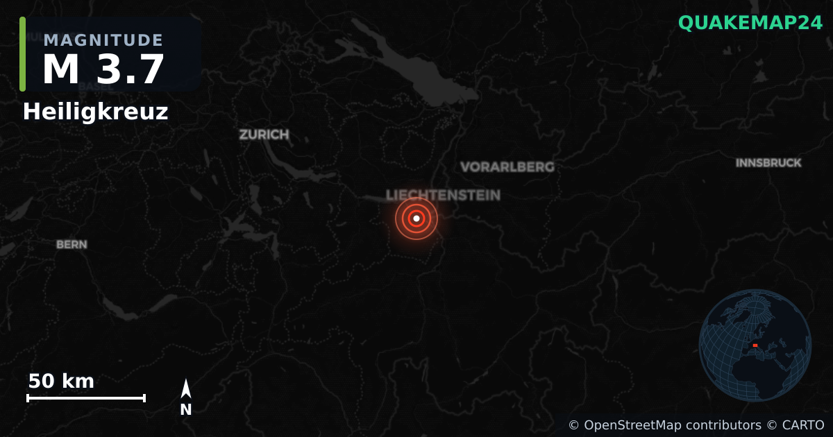 M3.7 earthquake near Heiligkreuz on Apr 26, 2026 — map of epicenter and shaking intensity | QuakeMap24