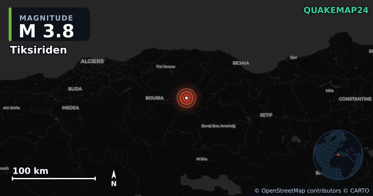M3.8 earthquake near Tiksiriden on Feb 5, 2026 — map of epicenter and shaking intensity | QuakeMap24