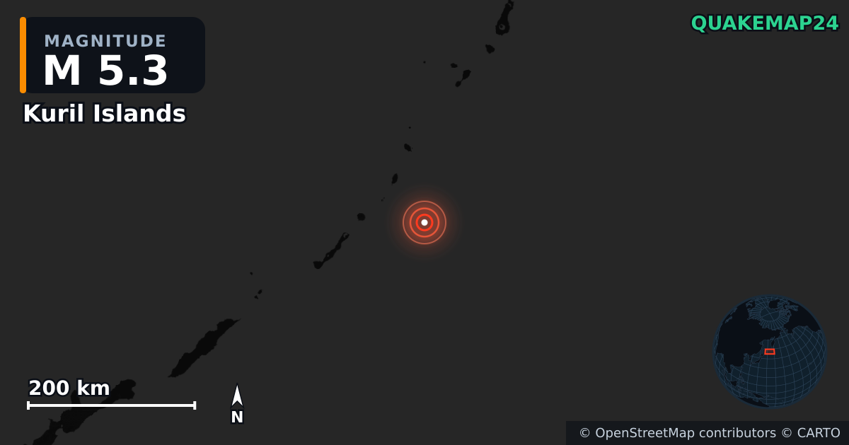 M5.3 earthquake near Kuril Islands on Mar 17, 2026 — map of epicenter and shaking intensity | QuakeMap24