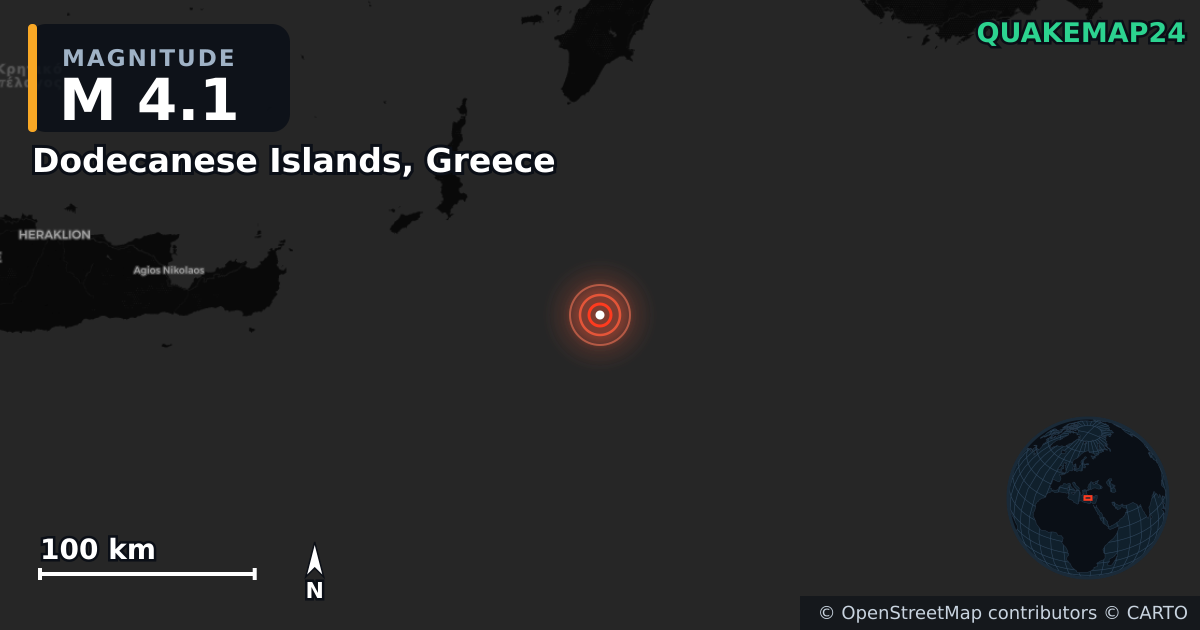 M4.1 earthquake near Dodecanese Islands, Greece on May 17, 2026 — map of epicenter and shaking intensity | QuakeMap24