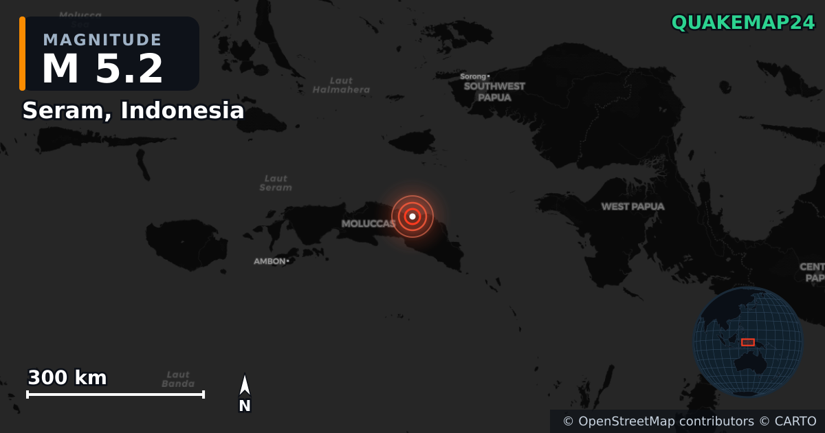 Erdbeben M5,2 bei Seram, Indonesia — Karte der Lage des Epizentrums