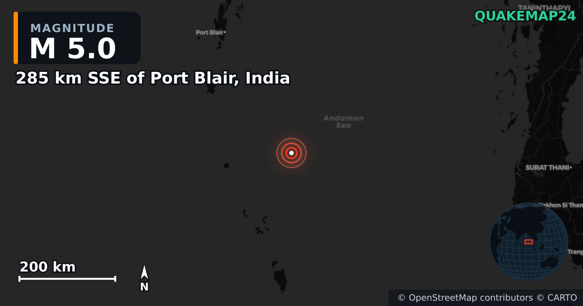 285 km SSE of Port Blair, India yakınında M5,0 deprem · 2025-06-24 — Deprem merkez üssünün konumunu gösteren harita