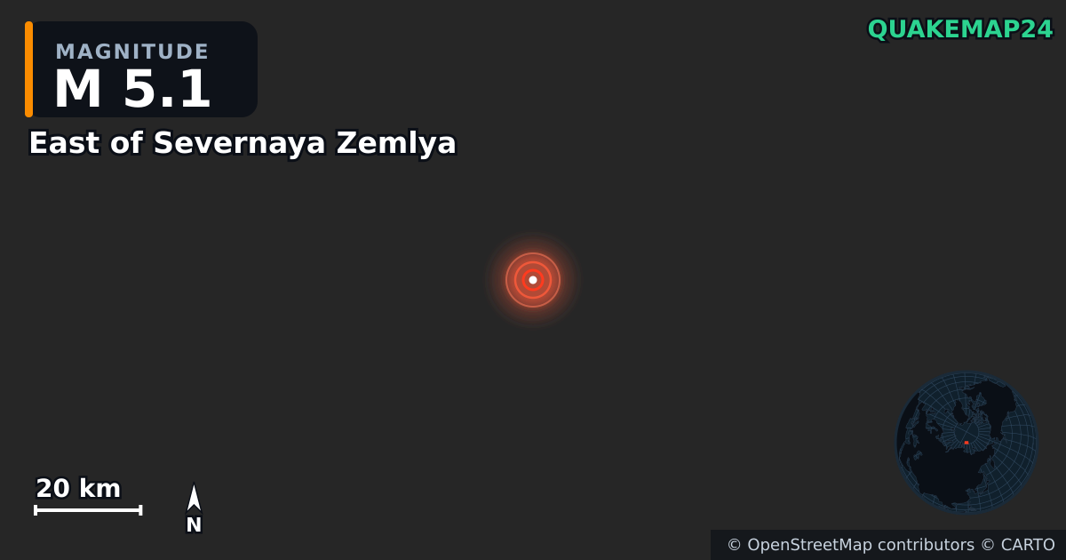 East of Severnaya Zemlya yakınında M5,1 deprem — Deprem merkez üssünün konumunu gösteren harita