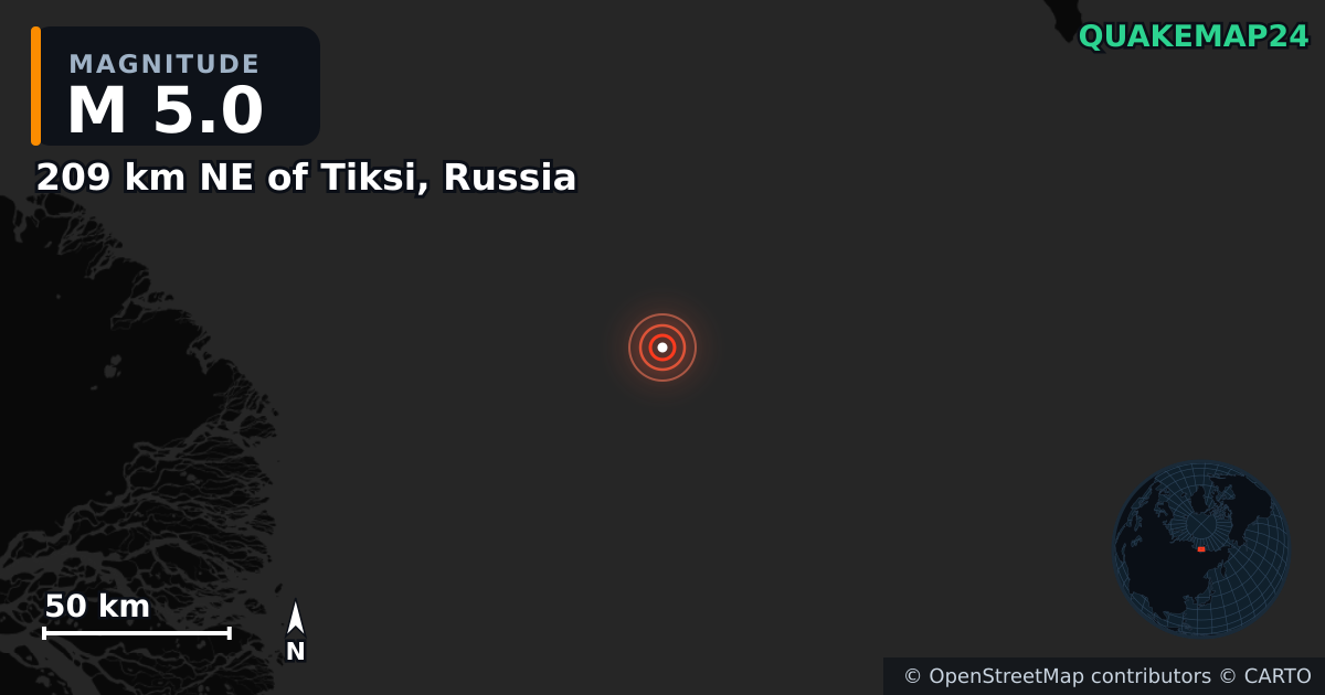 209 km NE of Tiksi, Russia yakınında M5,0 deprem — Deprem merkez üssünün konumunu gösteren harita