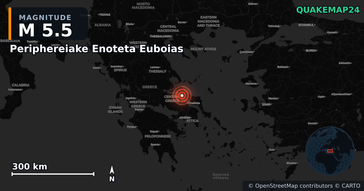 M5.5 earthquake near Periphereiake Enoteta Euboias on Jun 7, 2026 — map of epicenter and shaking intensity | QuakeMap24