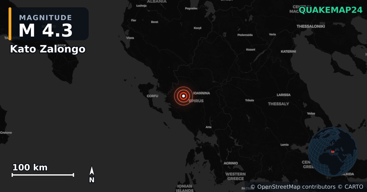 M4.3 earthquake near Kato Zalongo on Apr 12, 2026 — map of epicenter and shaking intensity | QuakeMap24