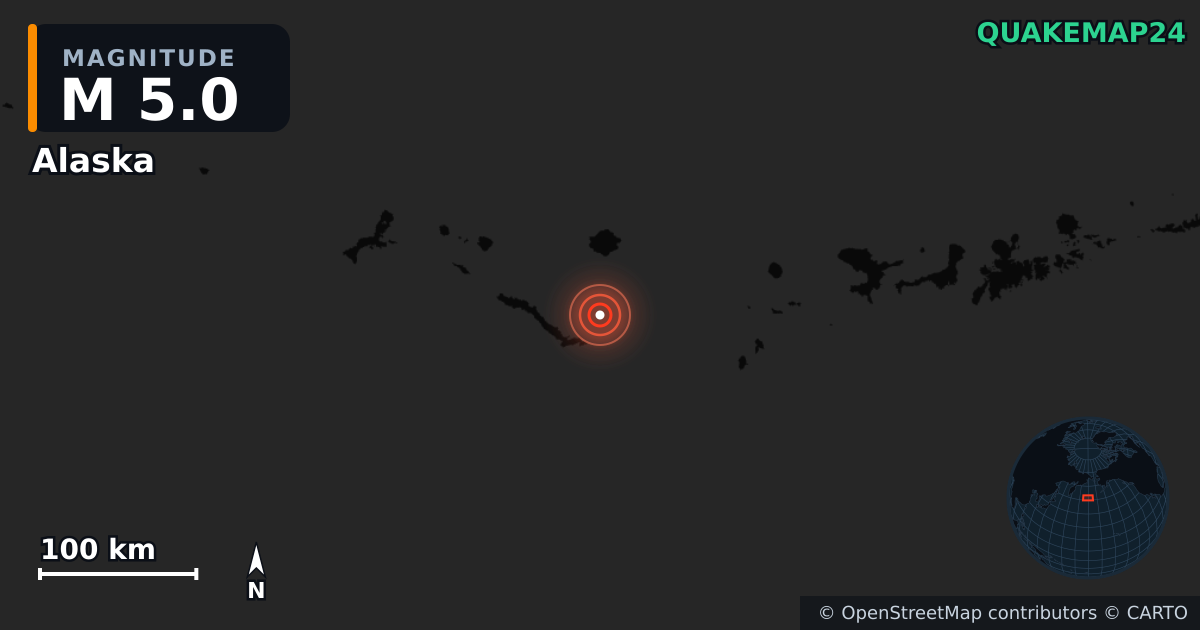 M5.0 earthquake near Alaska on Aug 29, 2025 — map of epicenter and shaking intensity | QuakeMap24