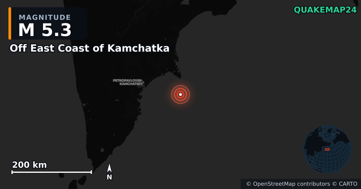 M5.3 earthquake near Off East Coast of Kamchatka on Jul 30, 2025 — map of epicenter and shaking intensity | QuakeMap24