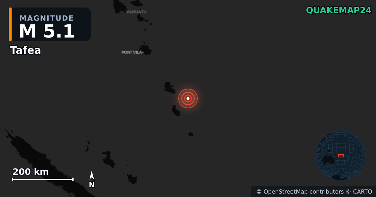 M5.1 earthquake near Tafea on Jul 18, 2025 — map of epicenter and shaking intensity | QuakeMap24