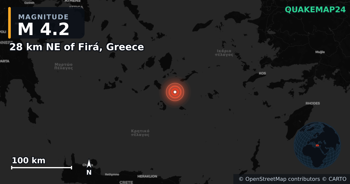 M4.2 earthquake near 28 km NE of Firá, Greece on Feb 5, 2025 — map of epicenter and shaking intensity | QuakeMap24
