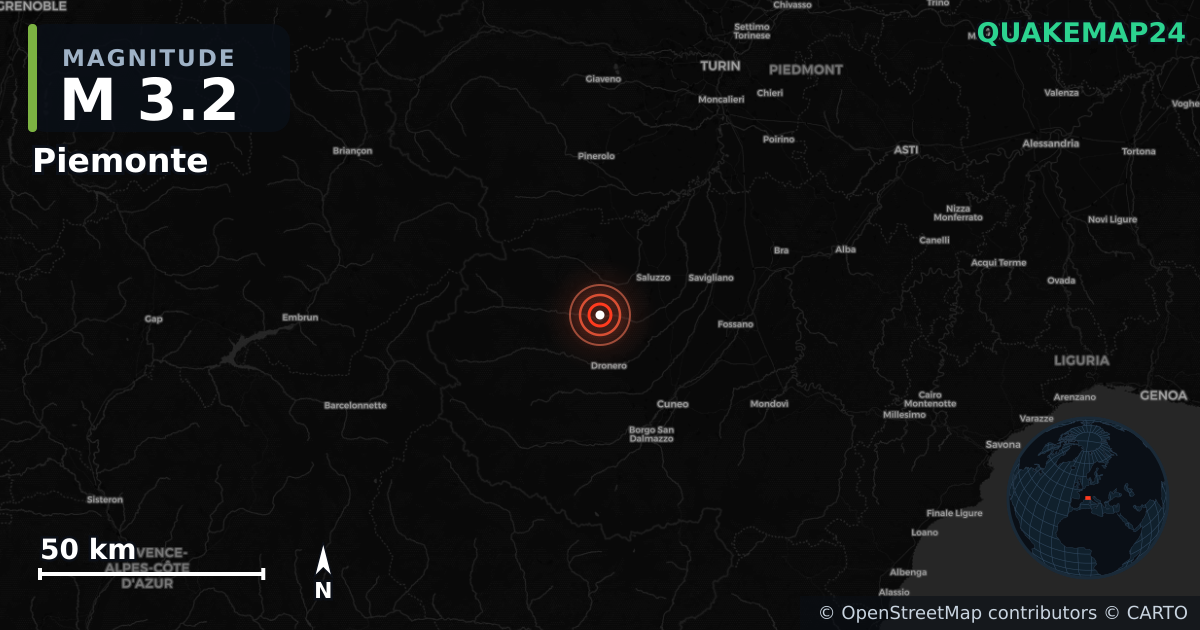 M3.2 earthquake near Piemonte on Oct 14, 2025 — map of epicenter and shaking intensity | QuakeMap24