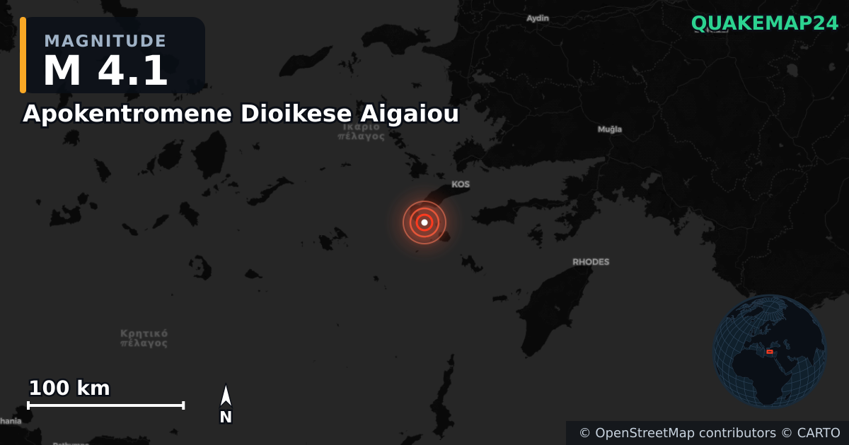 M4.1 earthquake near Apokentromene Dioikese Aigaiou on Dec 22, 2025 — map of epicenter and shaking intensity | QuakeMap24
